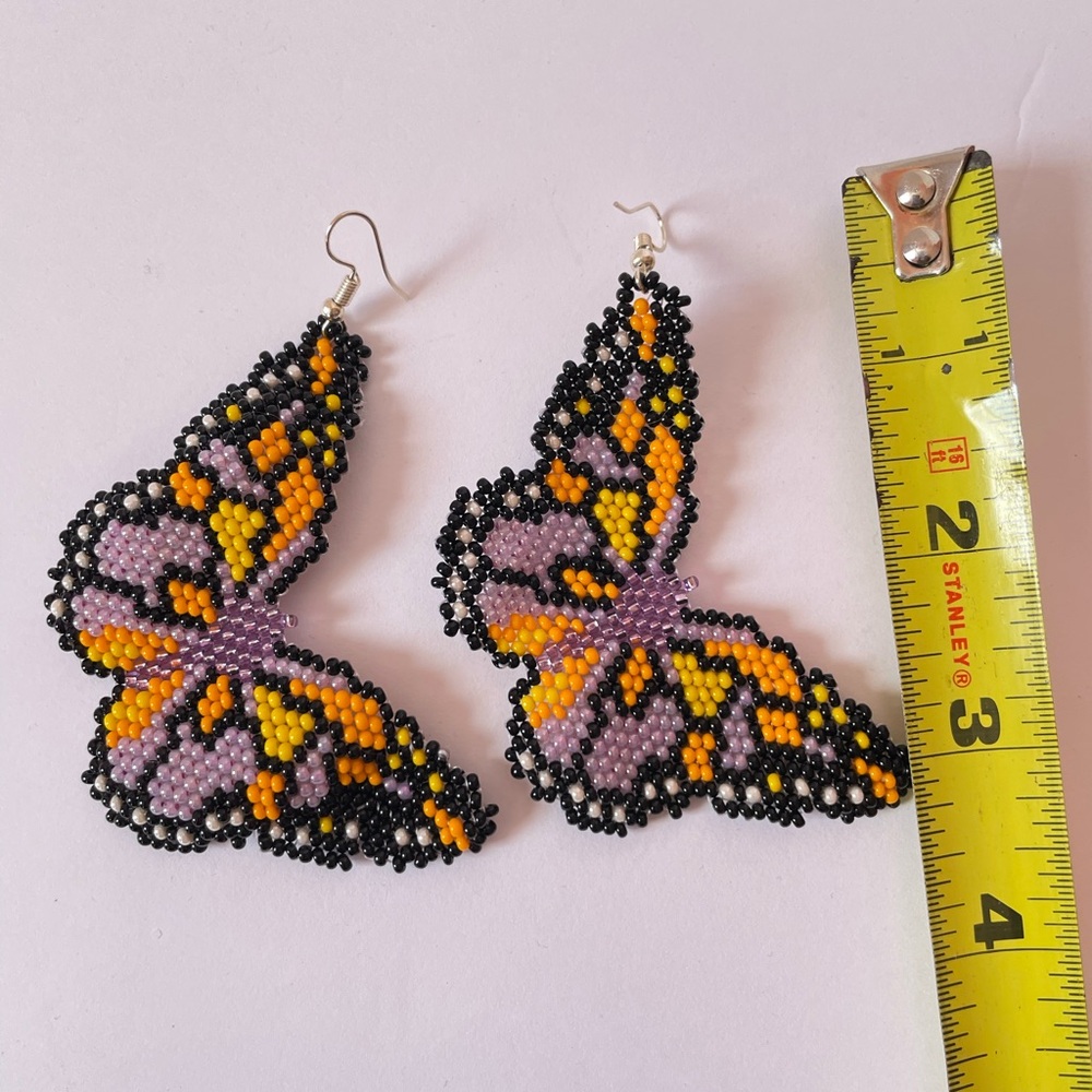 Butterfly Beaded Earrings - Purple and Orange - Picture 3 of 3